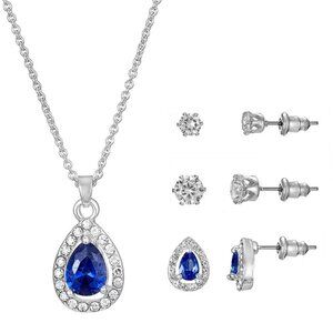 PRIMAVERA 4pc Sapphire Blue/Clear CZ Silver Plated Necklace & Stud Earrings Set